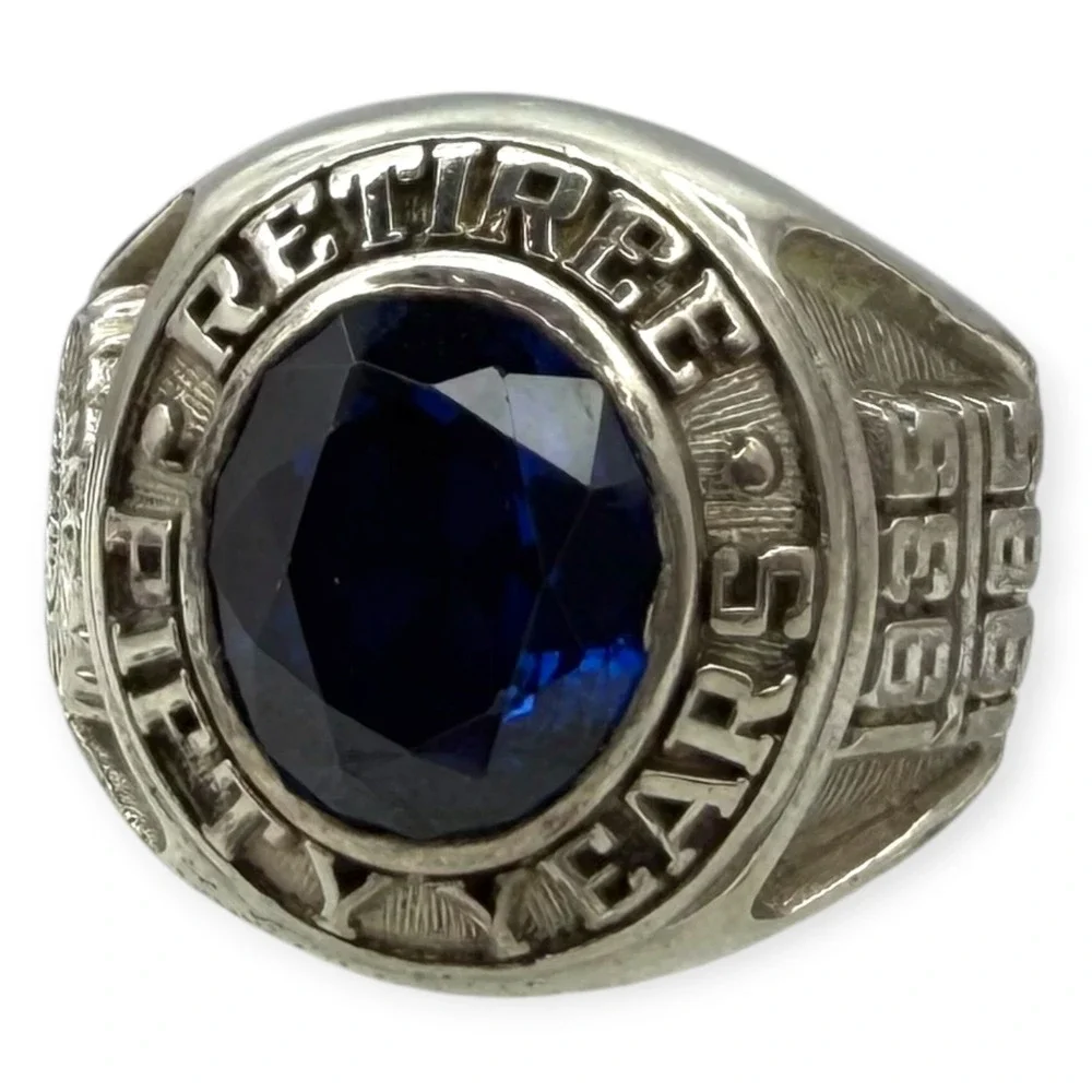 UAW Retiree Ring Sterling Silver Size 9.75 Blue Stone 1935-1985 Fifty Years